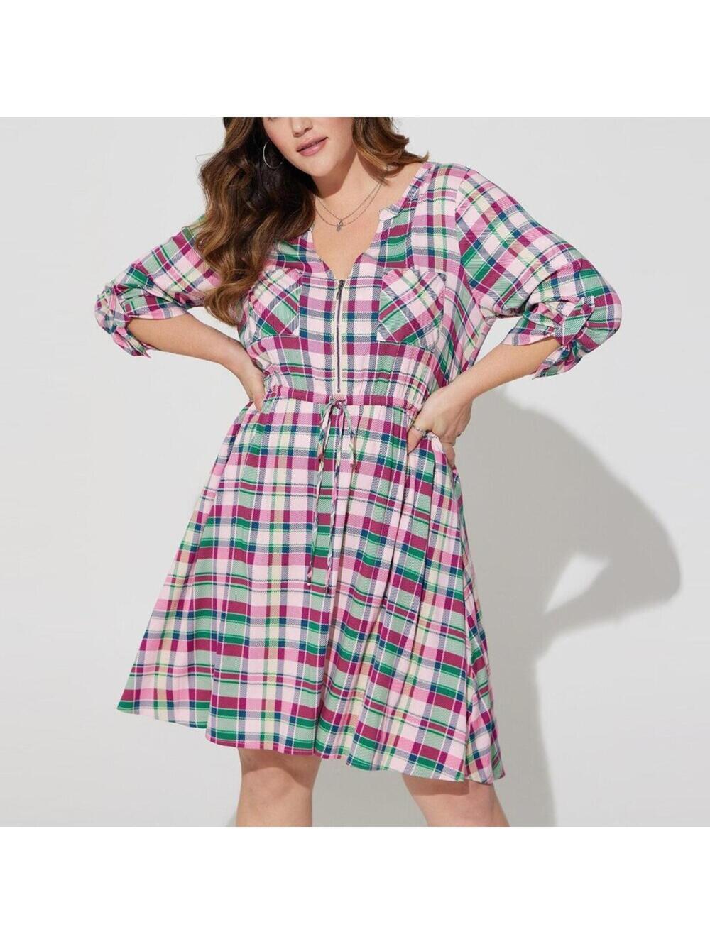 NWT Torrid Plaid High-Low Dress Pink Green Zip V-Neck Size 00 Medium 10 Pockets